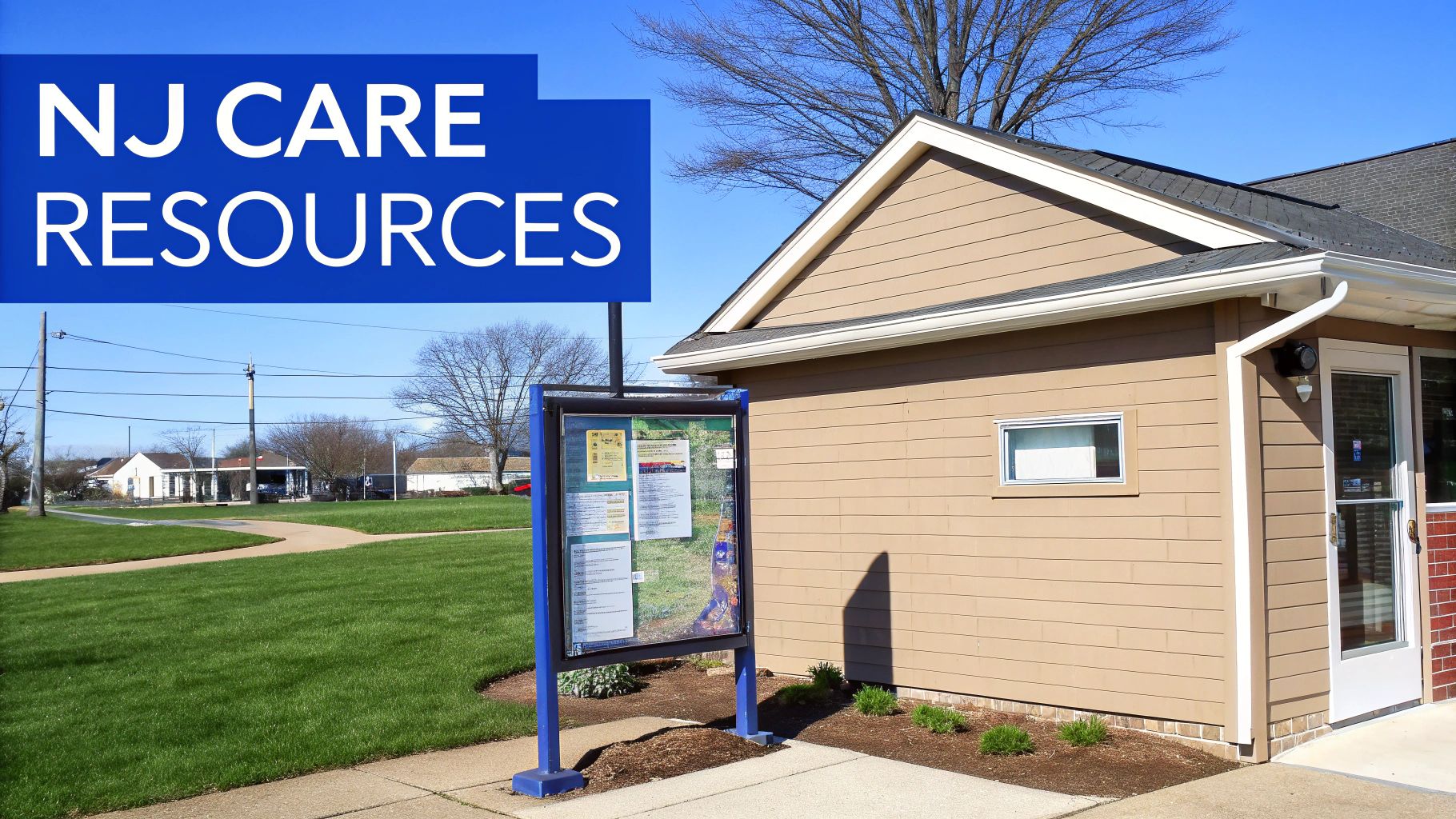 Community resource center building with information board displaying NJ care resources for caregivers