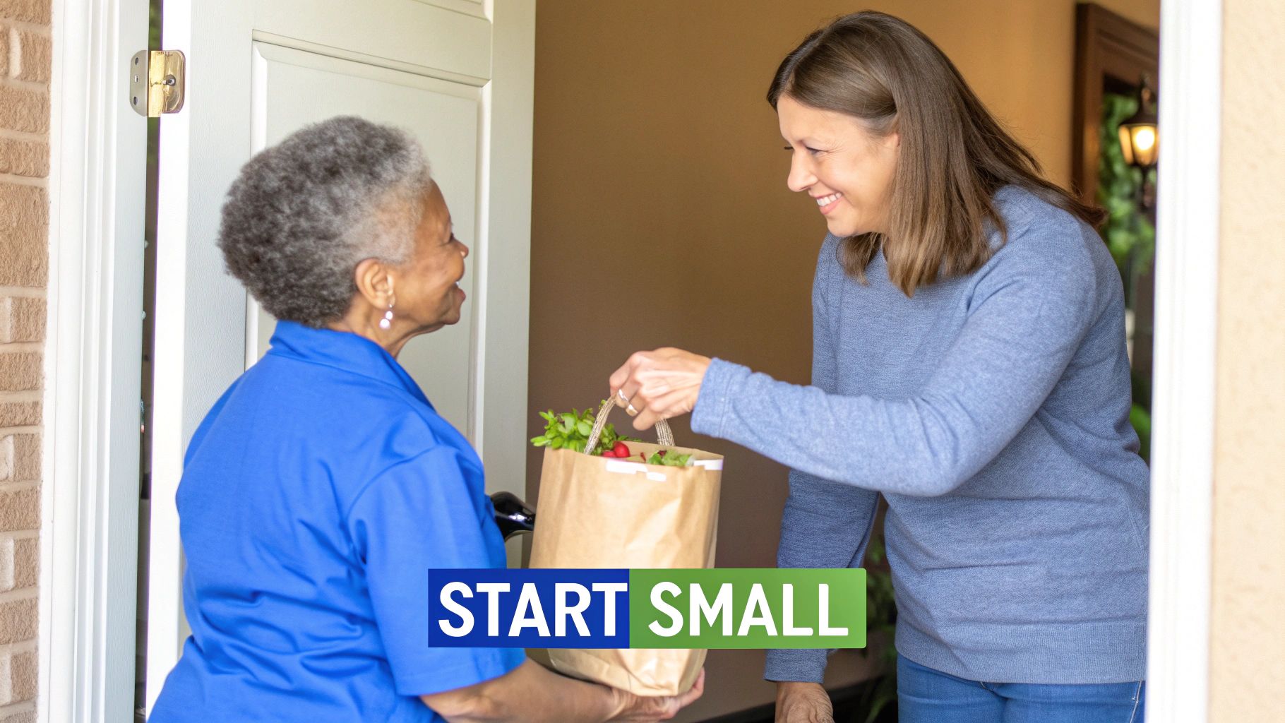 A smiling young woman delivers groceries to an elderly woman at her home doorway.