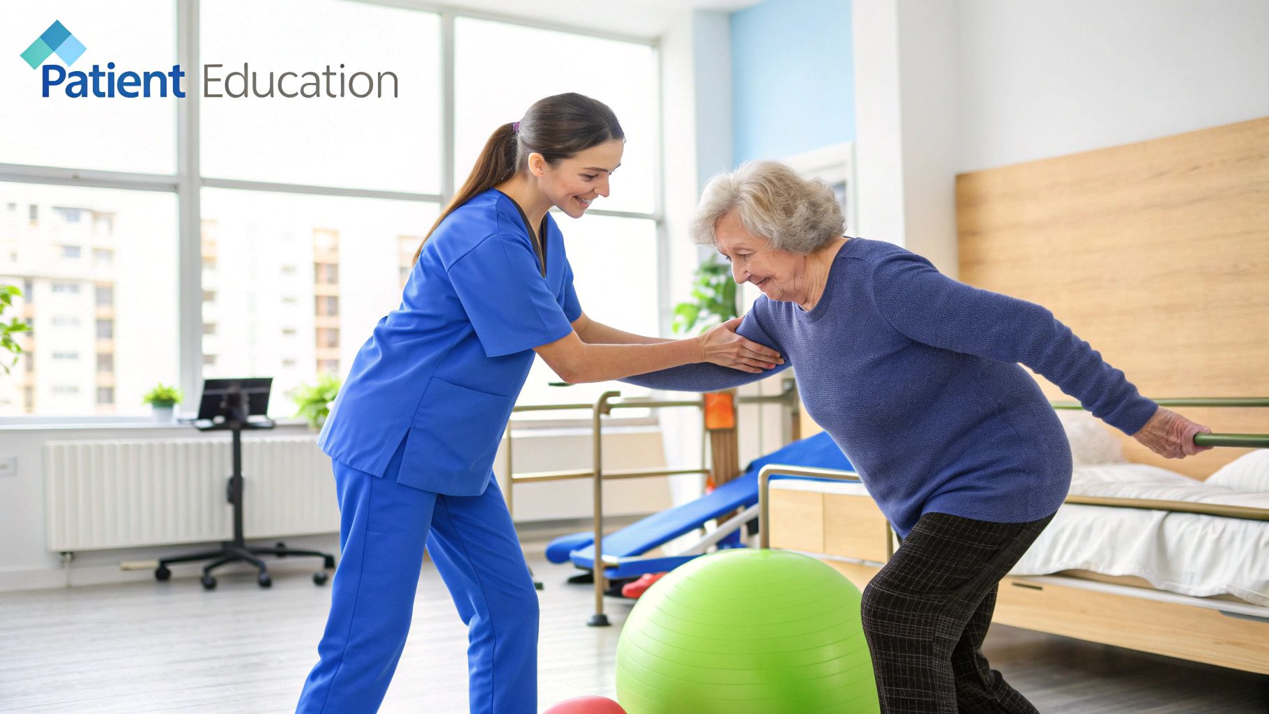 A nurse compassionately assists an elderly patient with mobility exercises in a well-lit living room.