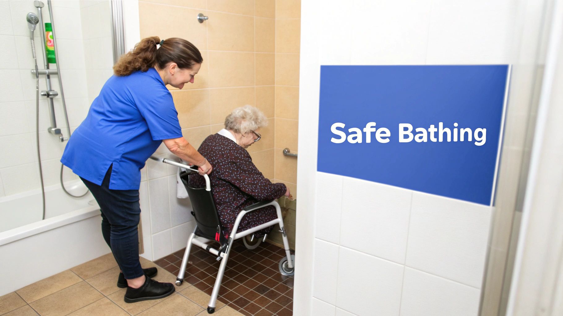 A caregiver assists an elderly woman in a shower chair in a bathroom, promoting safe bathing.