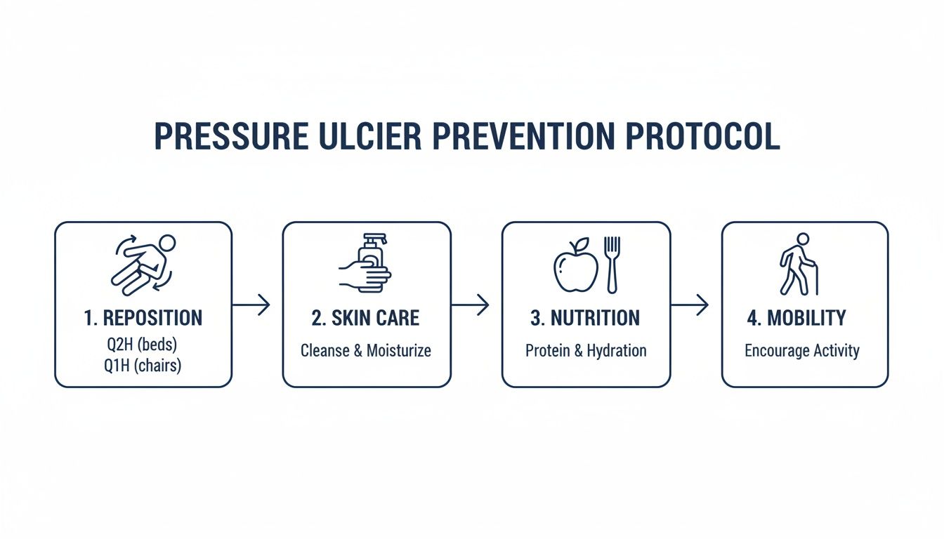 A diagram outlining a four-step pressure ulcer prevention protocol for patient care.