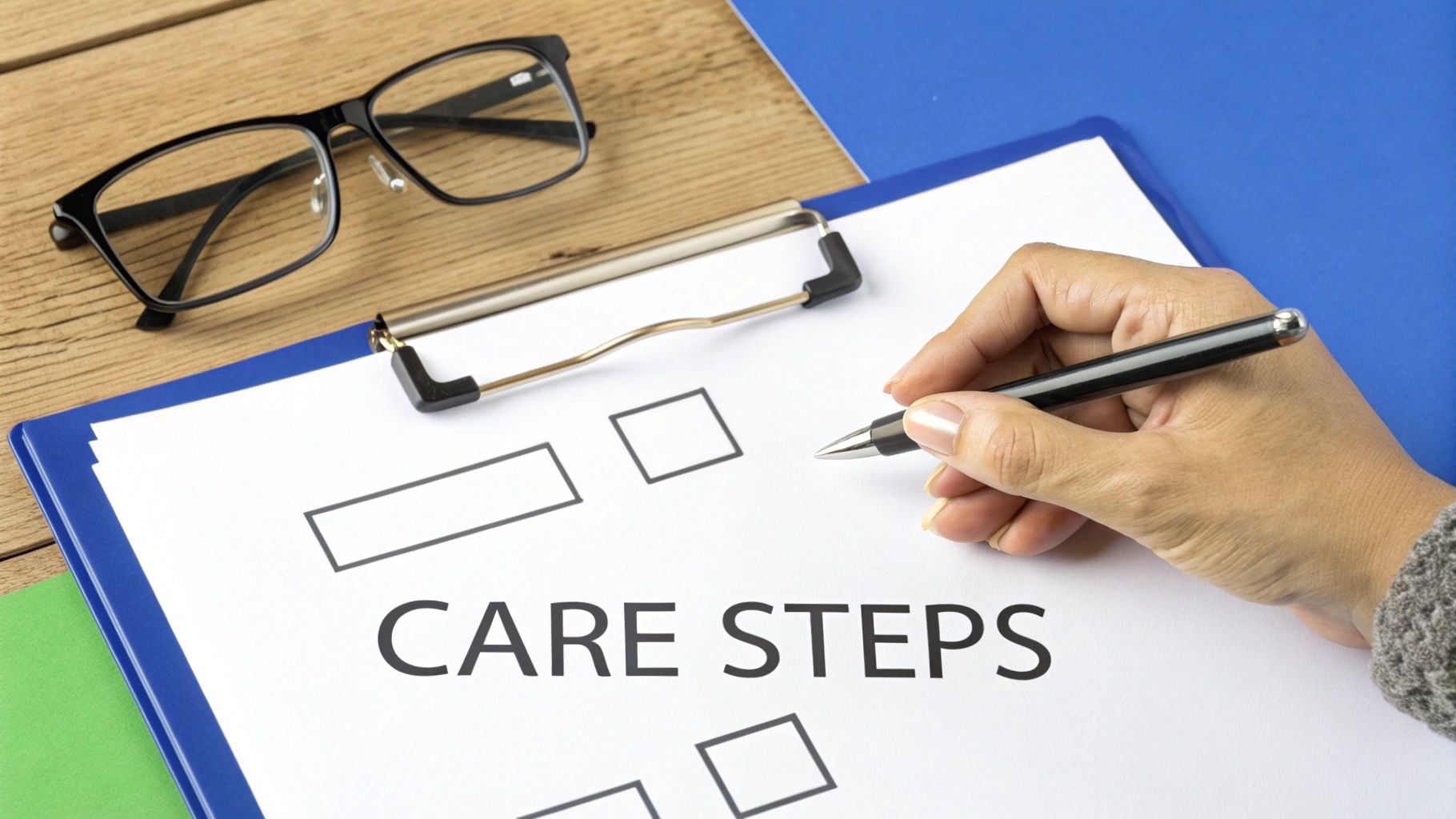 A hand holds a pen over a checklist titled "CARE STEPS" on a clipboard with glasses.