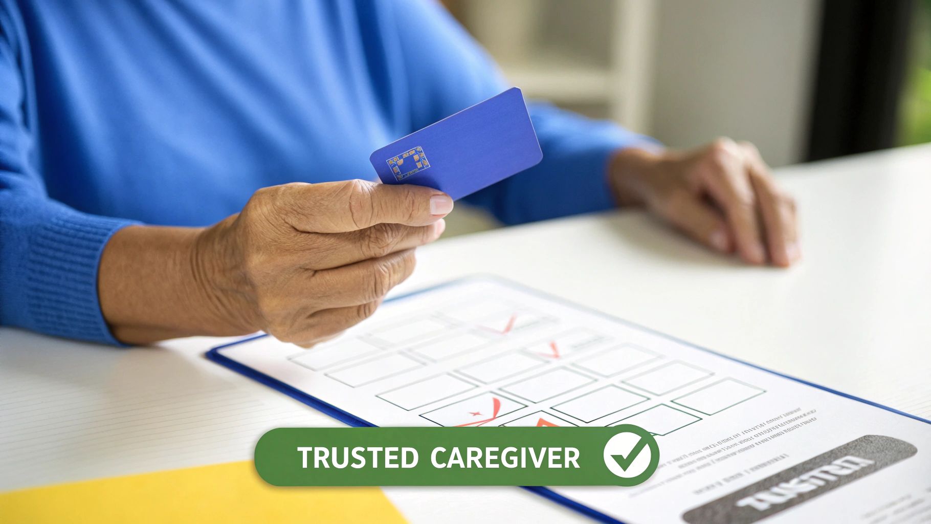 A person in a blue sweater holds a smart card over a document with 'Trusted Caregiver' text.