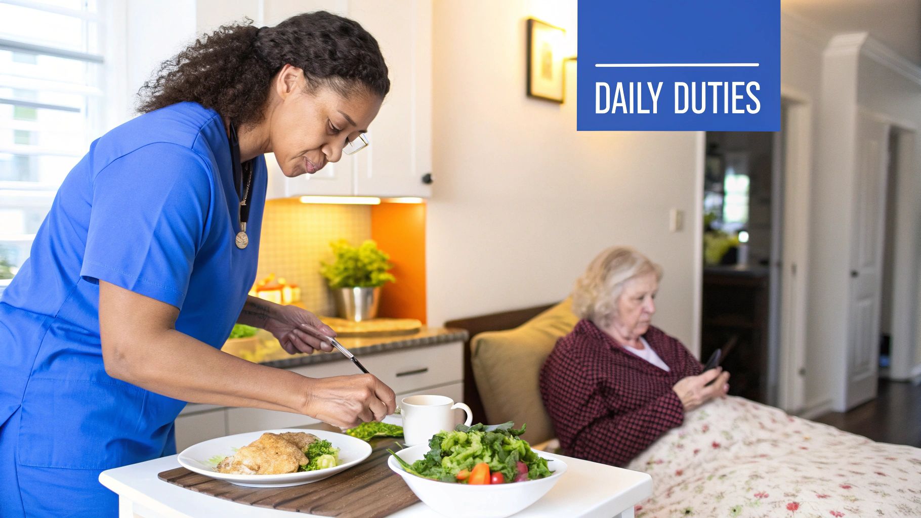A caregiver assists an elderly person with a walker in a brightly lit room