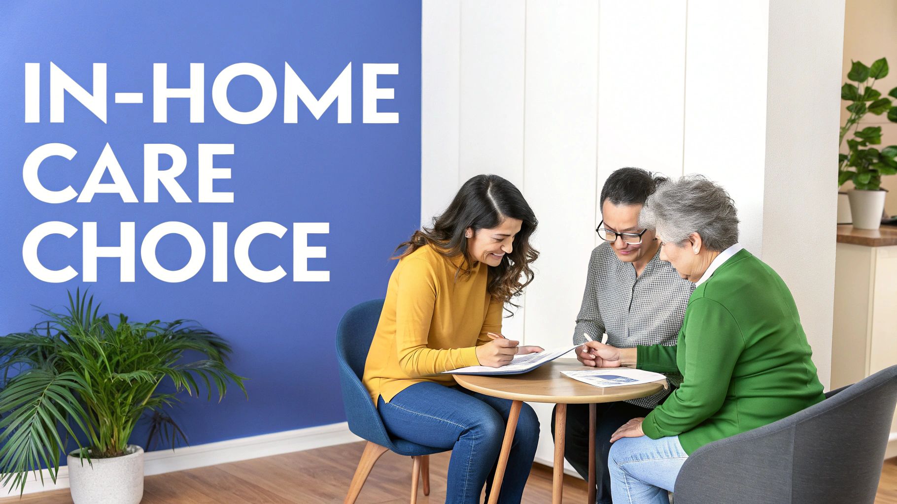 Three people, including a smiling woman, discussing in-home care options at a table with documents.