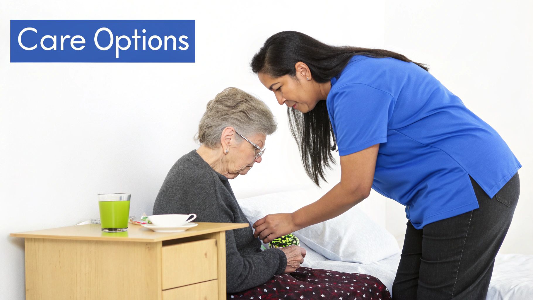 A compassionate caregiver gently assisting an elderly woman in bed with a 'Care Options' banner.