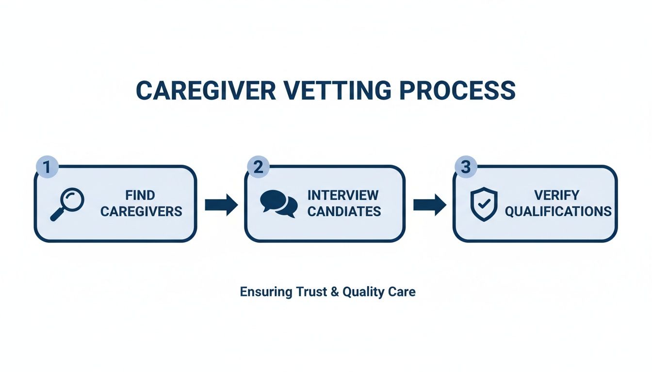 Flowchart detailing the three-step caregiver vetting process: find, interview, and verify qualifications, ensuring trust and quality care.