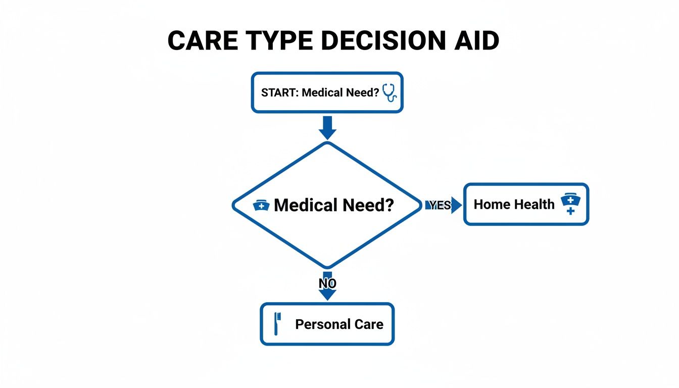 Flowchart showing a care type decision aid, guiding from medical need to home health or personal care.