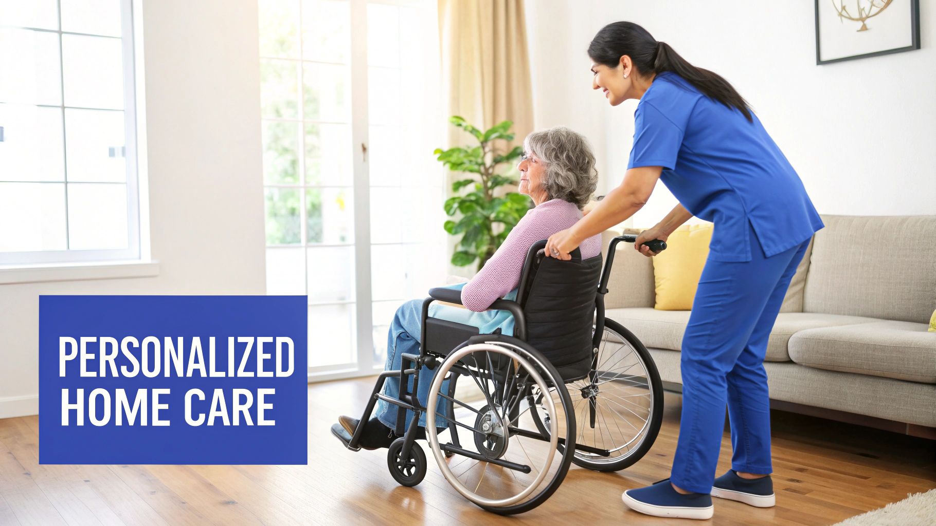 A caregiver assists a woman in a wheelchair at home, both smiling together.