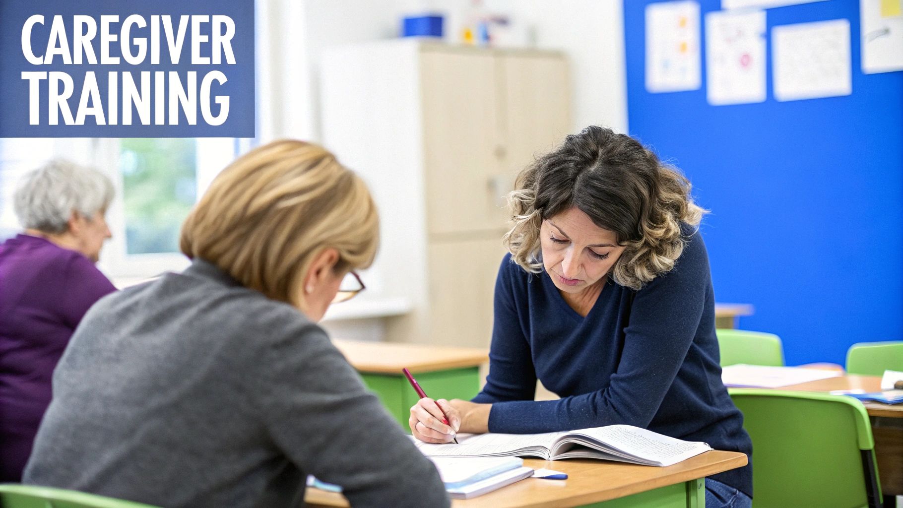 A senior woman and her daughter review financial documents at a kitchen table, looking positive and collaborative.