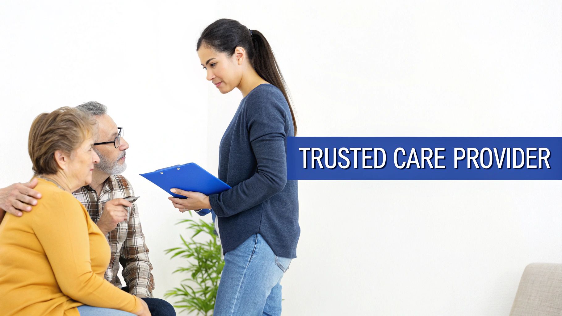 A caregiver discusses information on a clipboard with an elderly couple at home.