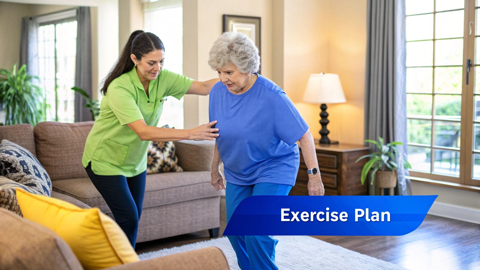A caregiver assists an elderly woman with a walker in a brightly lit hallway.
