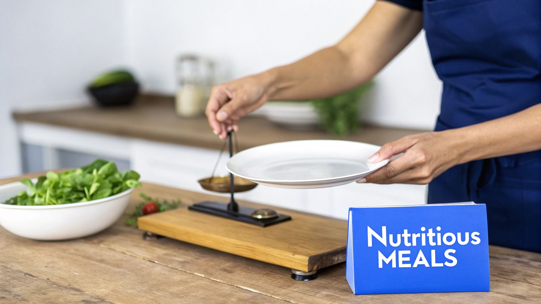 A person holds a plate over a balance scale on a wooden table, preparing a nutritious meal.