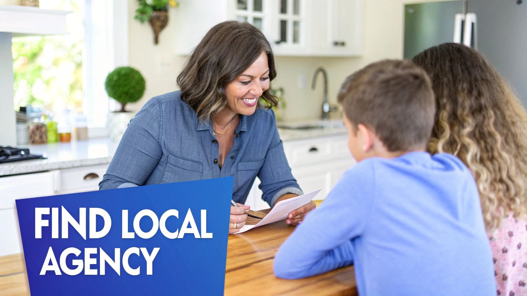 A smiling woman at a kitchen table helping two children with papers, with a "FIND LOCAL AGENCY" banner.