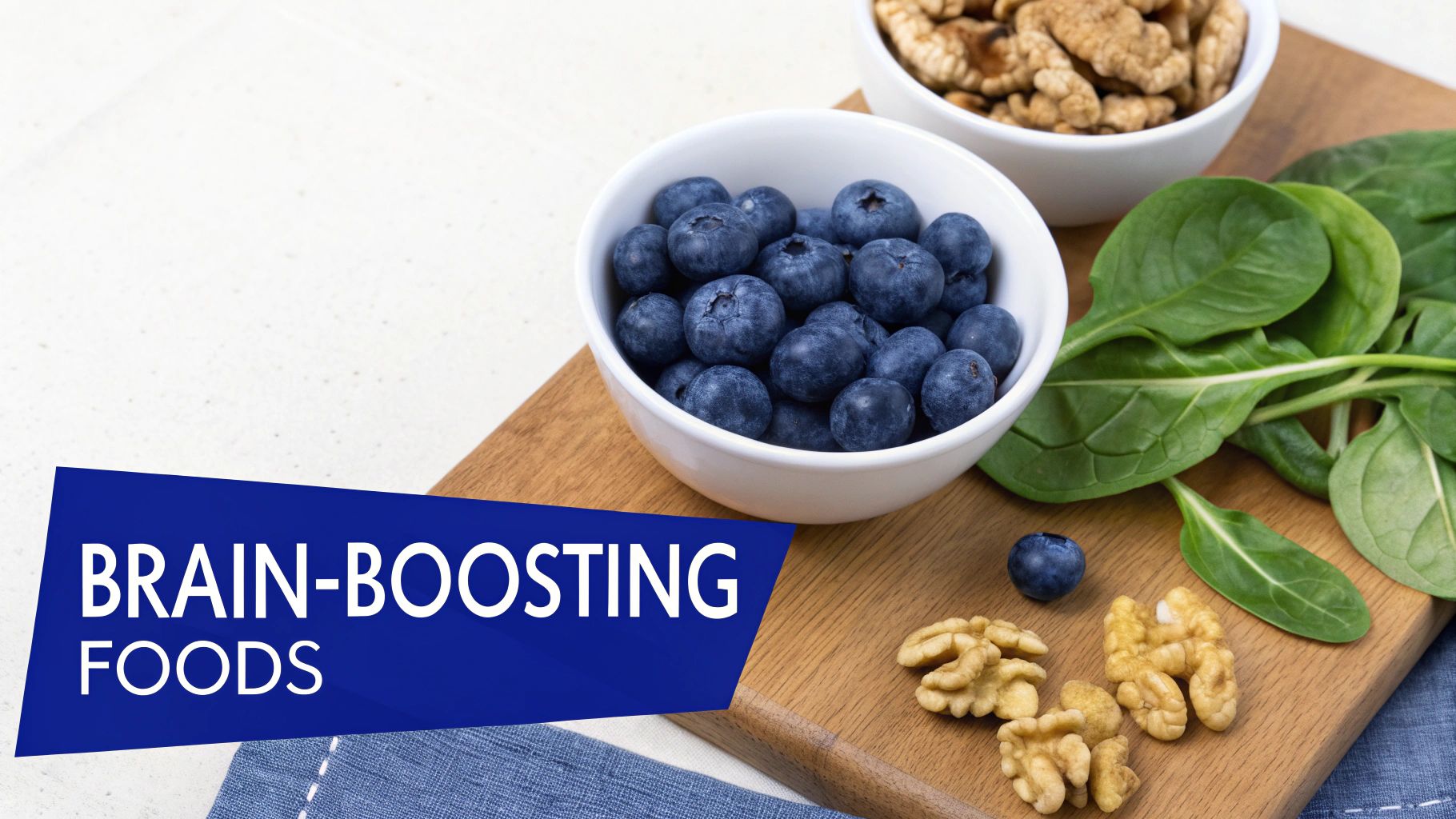 A vibrant assortment of brain-boosting foods including blueberries, walnuts, and fresh spinach on a wooden board.