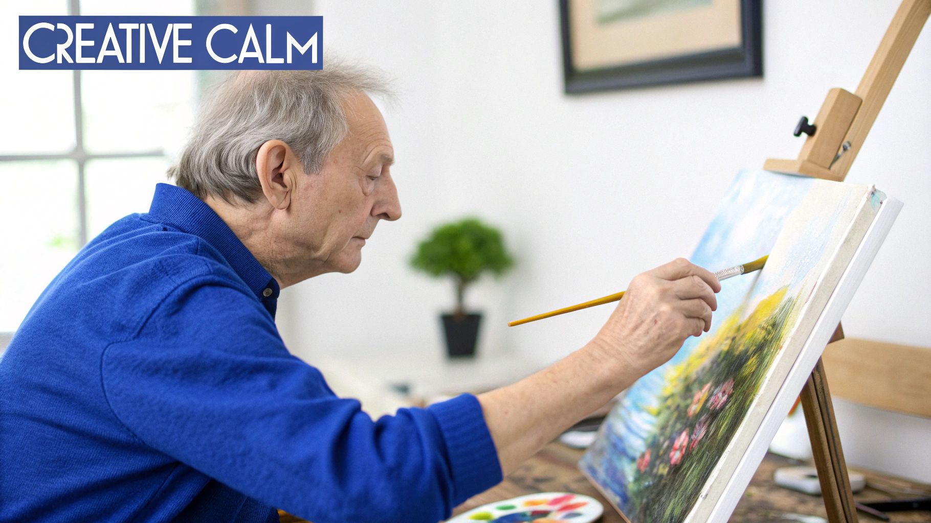Elderly man painting a colorful landscape on an easel, promoting creative calm and engagement.
