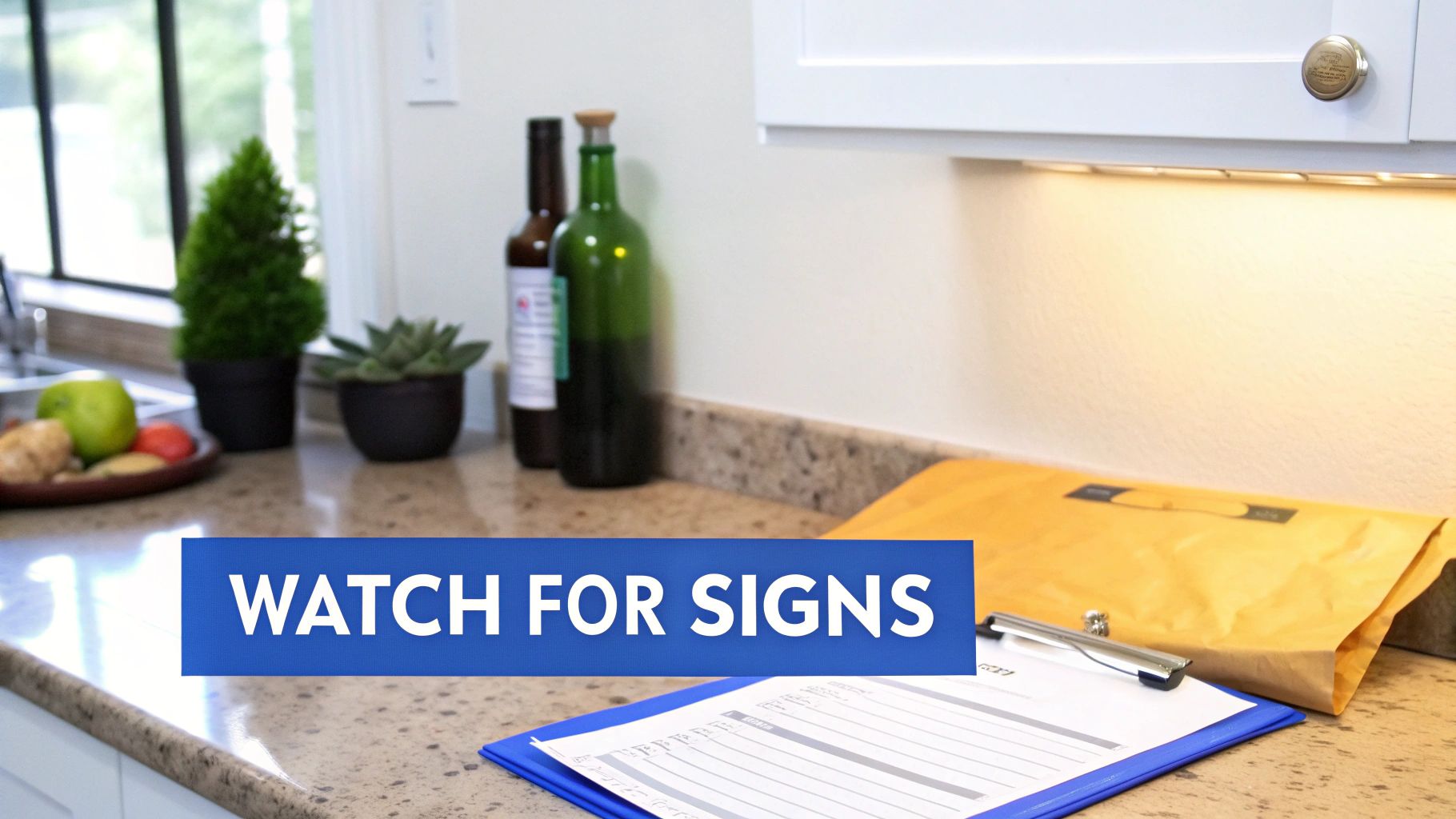Kitchen countertop with plants, bottles, a clipboard, and a 'WATCH FOR SIGNS' banner.