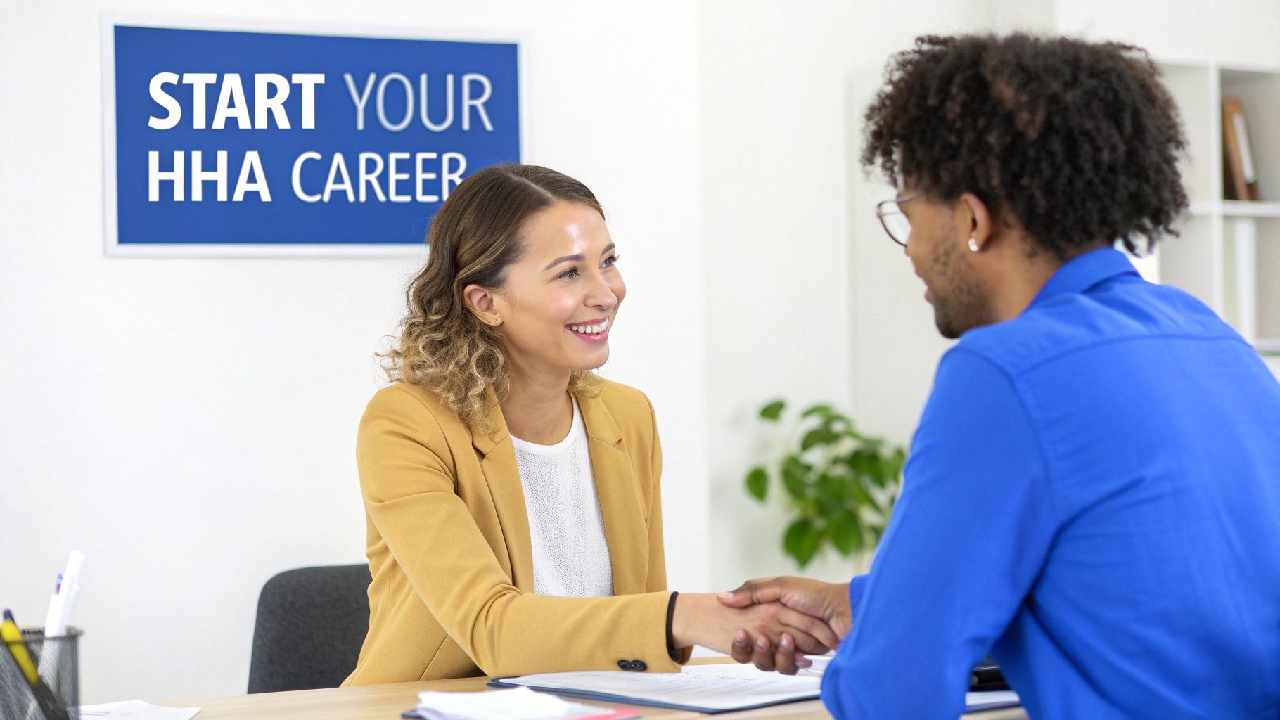 A woman and man shaking hands in an office, with a 'Start Your HHA Career' sign visible.