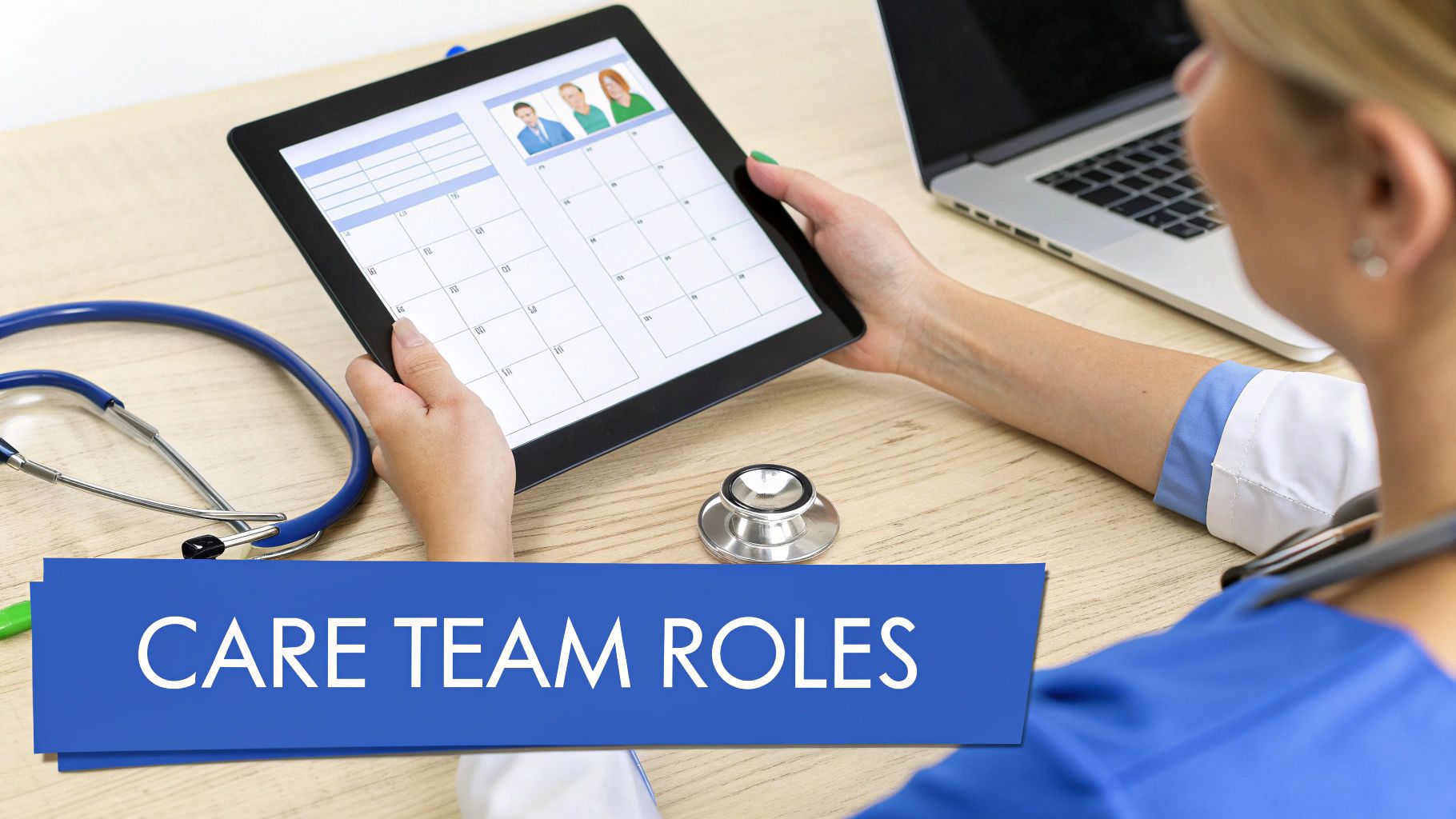 A healthcare professional views a tablet displaying a care team calendar and profiles, with stethoscope.