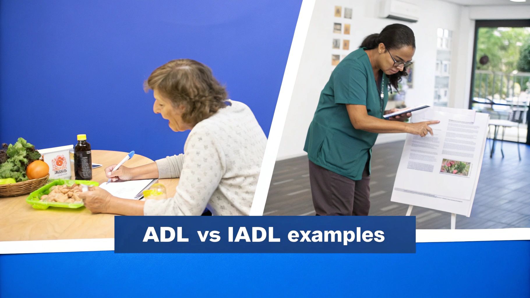 Split image contrasting a woman engaging in daily tasks with a professional explaining ADL vs IADL concepts.