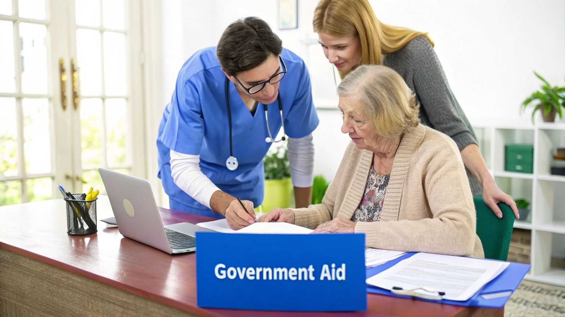 An older woman reviewing documents with a healthcare professional in a bright, sunlit room.
