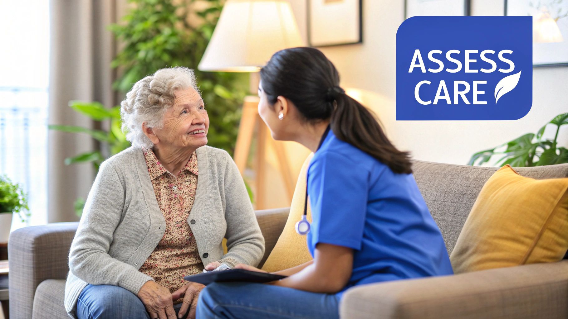 Elderly woman and caregiver laughing together
