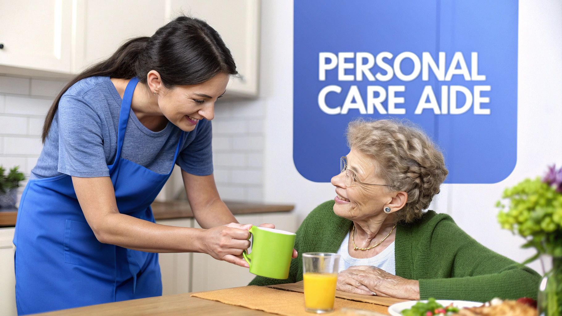 A smiling personal care aide offers a mug to an elderly woman at a table with orange juice.