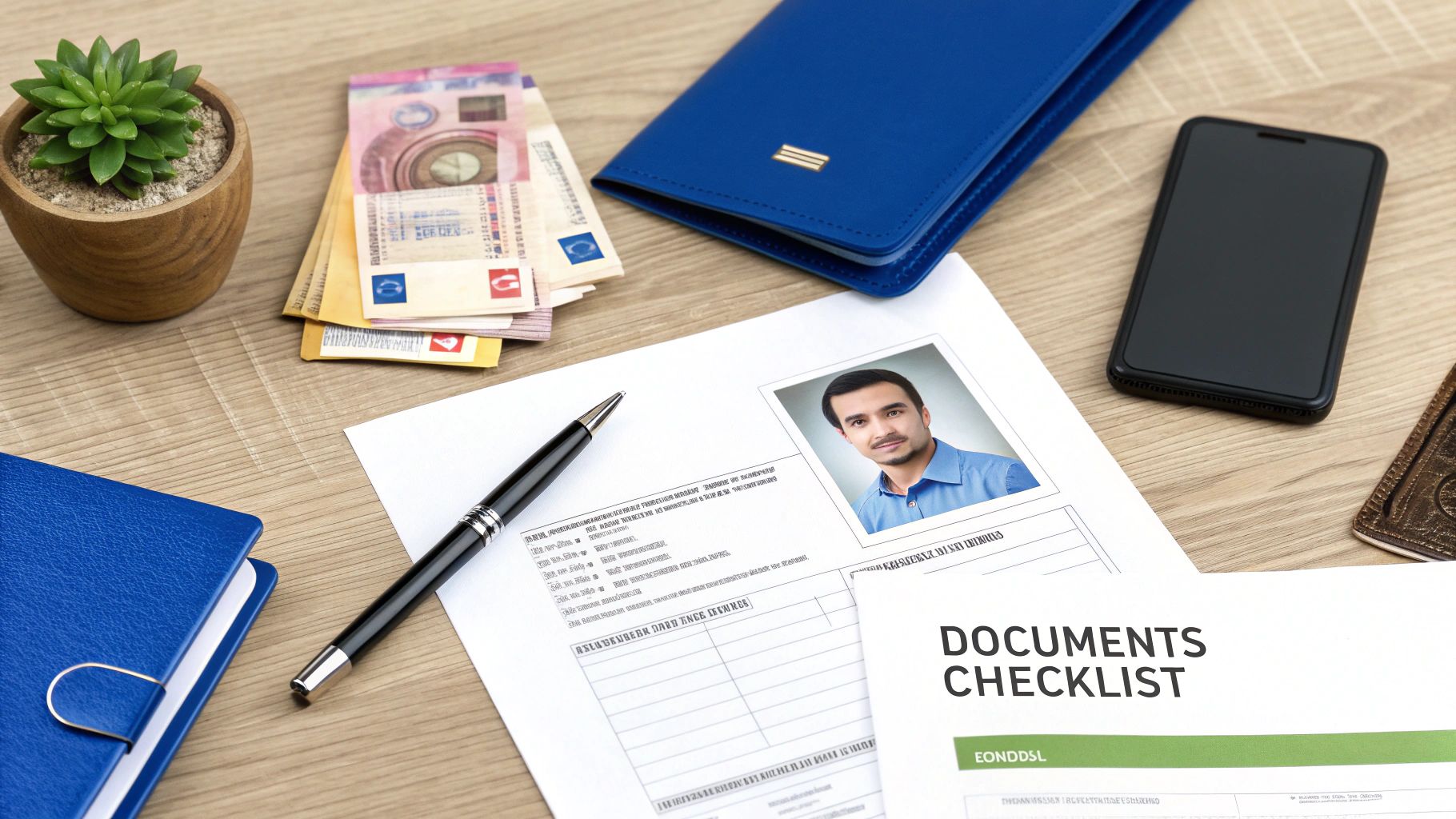 A person organizing various documents and paperwork on a desk.