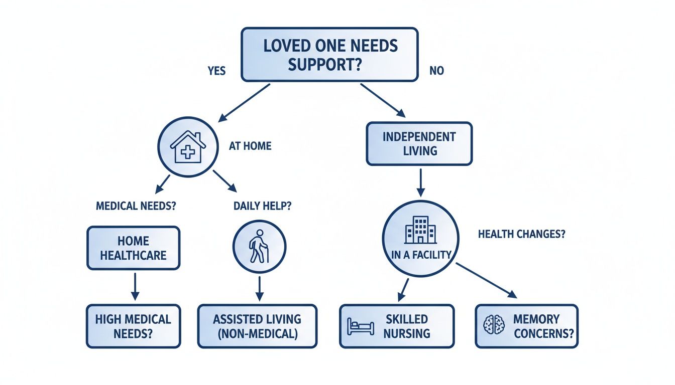 Flowchart illustrating elder care options, from home healthcare to assisted living, skilled nursing, and memory care.