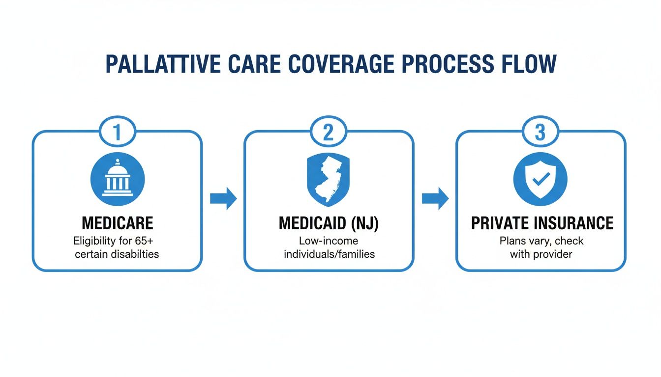 Palliative care coverage process flow illustrating options like Medicare, Medicaid NJ, and private insurance.