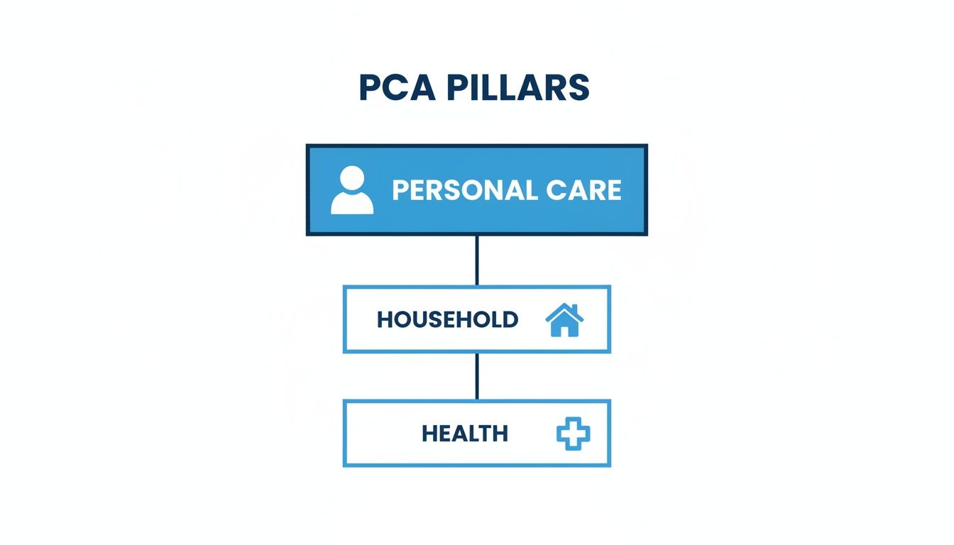 A diagram titled 'PCA Pillars' showing 'Personal Care', 'Household', and 'Health' services with icons.