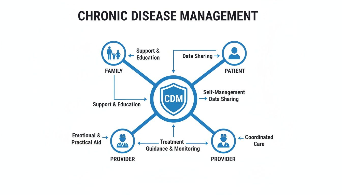 Diagram illustrating chronic disease management, showing interactions between patients, family, providers, and CDM services.
