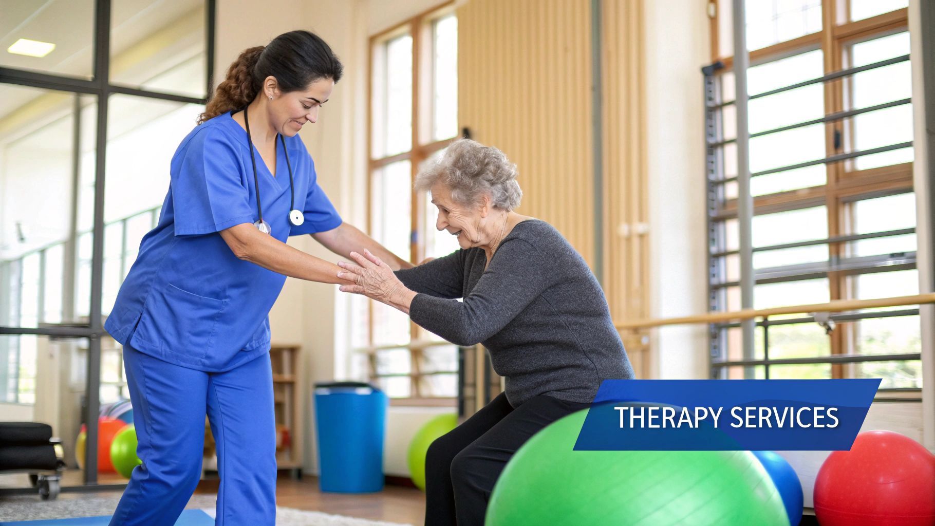 A nurse assisting an elderly woman in a wheelchair