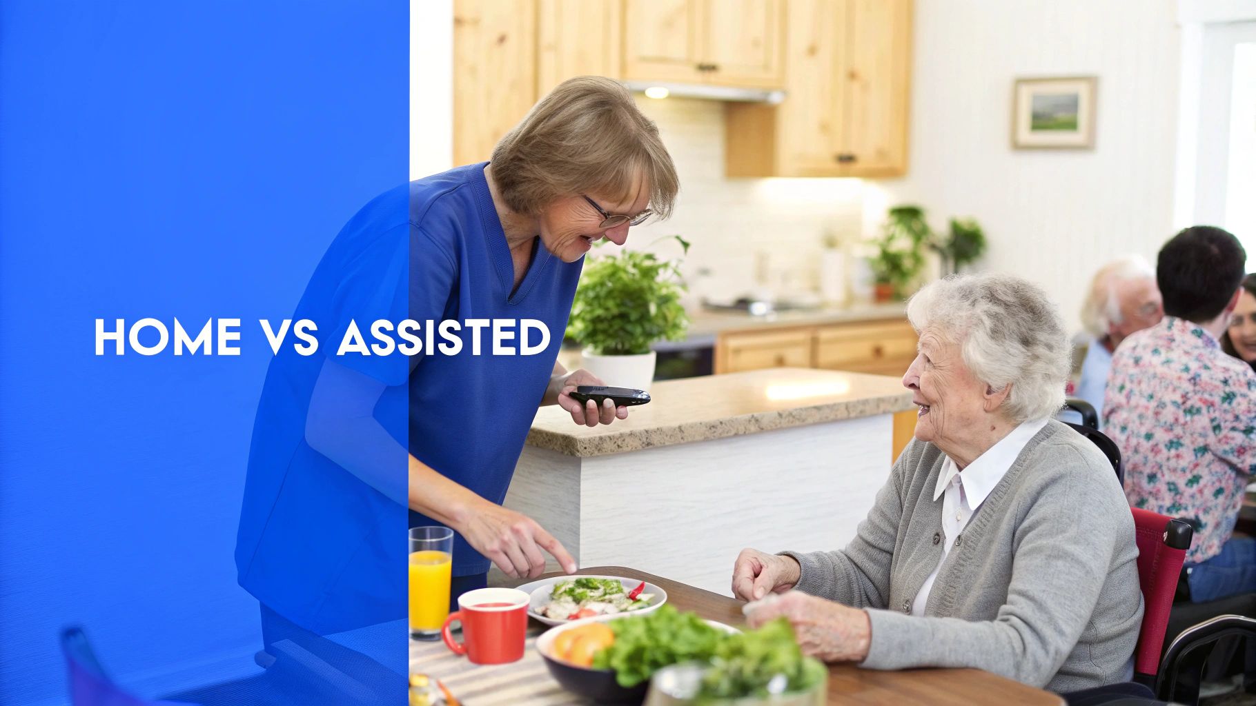 A smiling caregiver serves a healthy meal to an elderly woman in an assisted living setting.