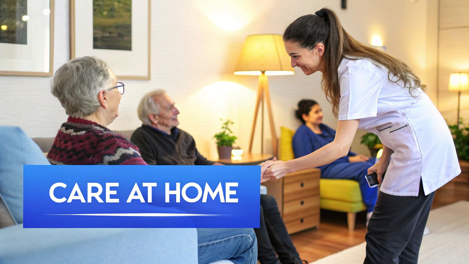 A smiling caregiver shaking hands with an elderly woman, providing compassionate home care.
