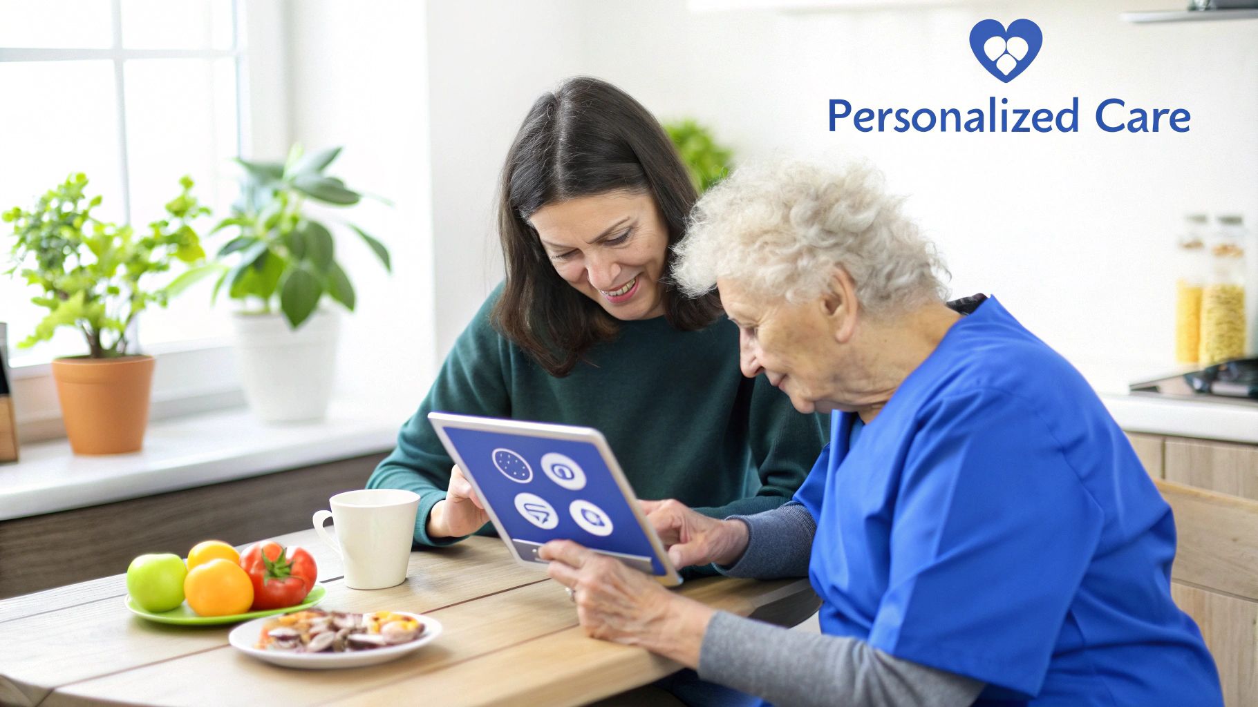 Elderly woman and caregiver smiling while using a tablet for personalized care management.