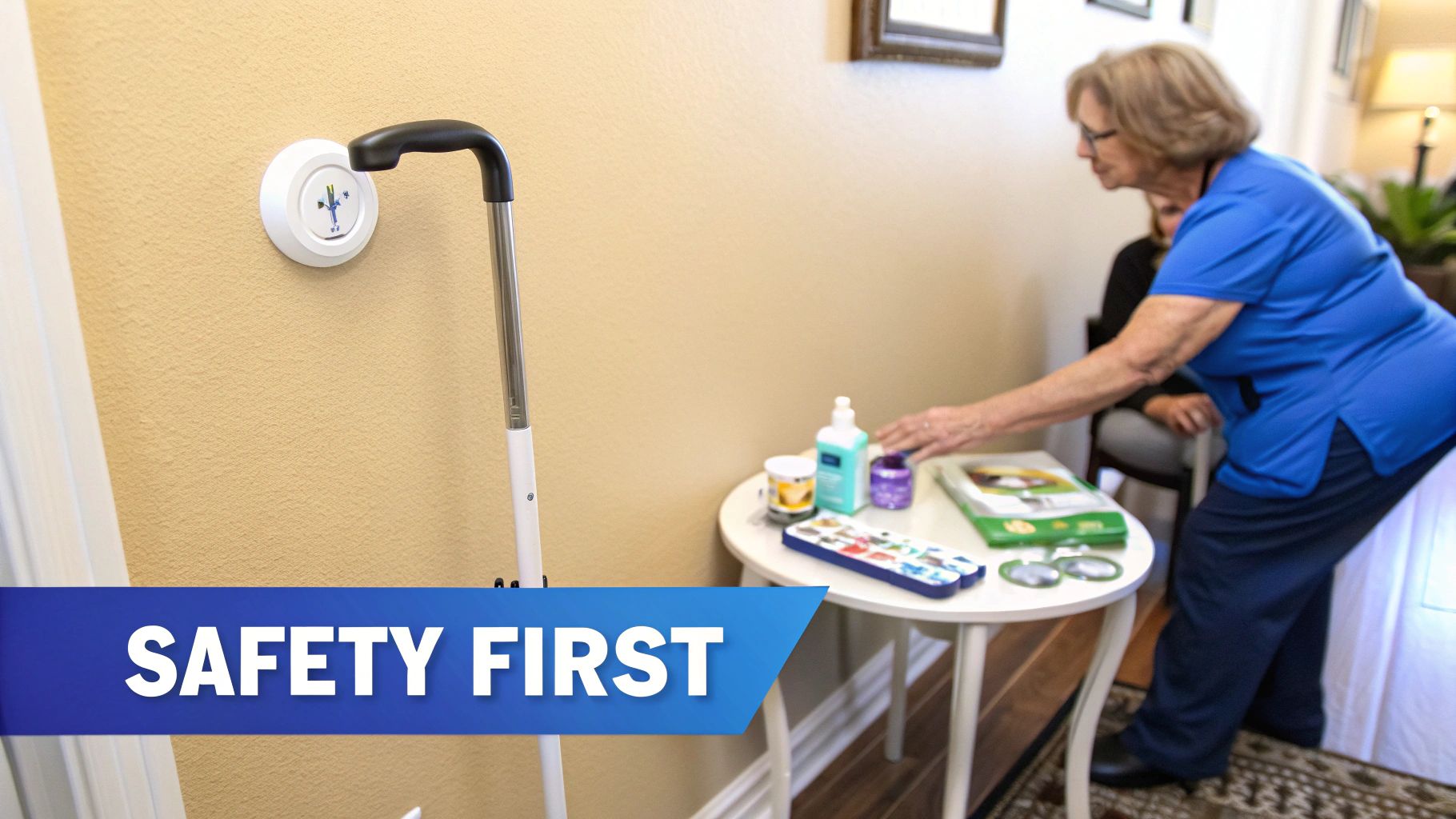 A caregiver in blue helps an elderly person with activities, emphasizing safety in a home environment.
