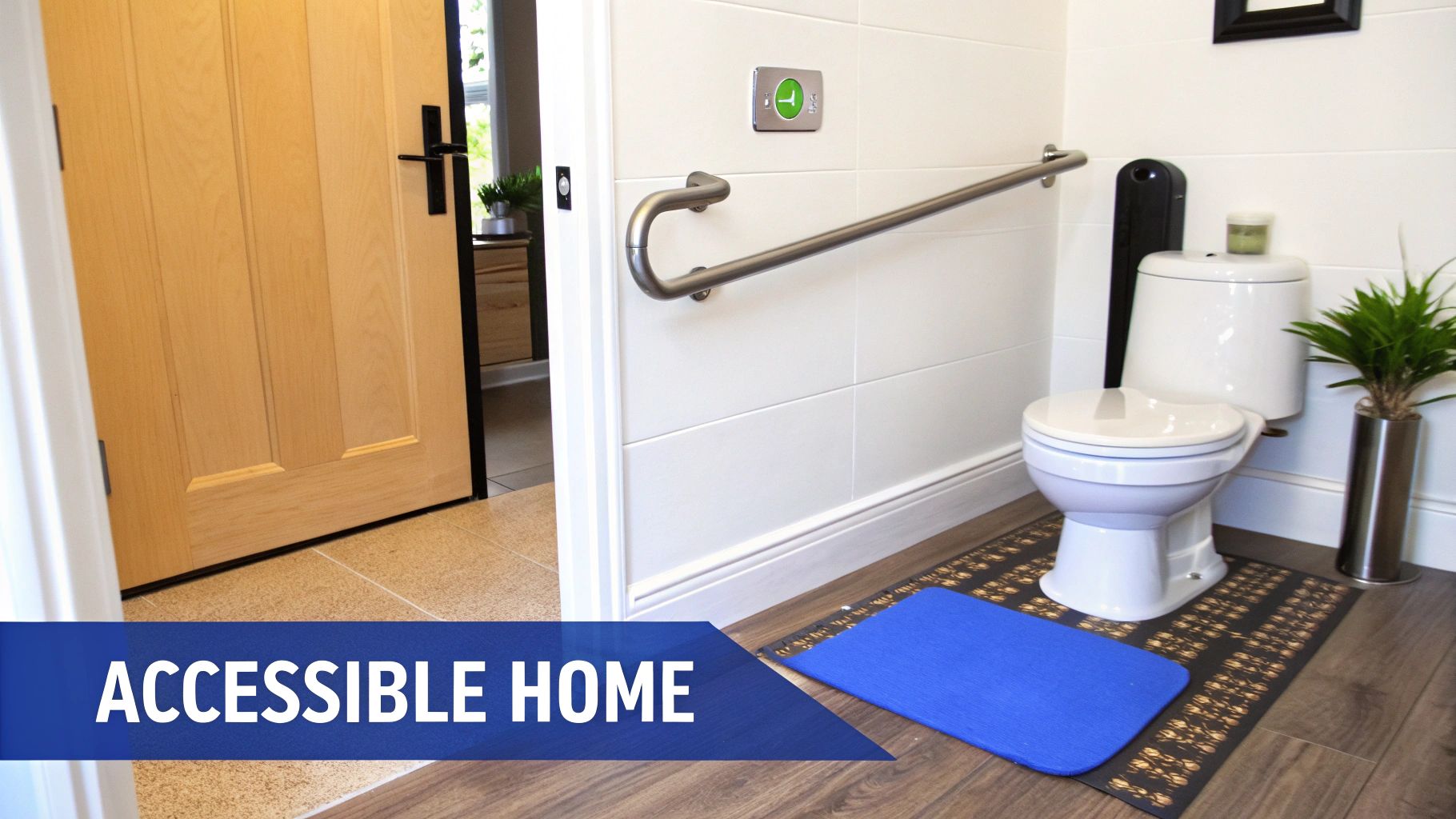 A modern accessible bathroom featuring a toilet, a grab bar, and a special flush button.
