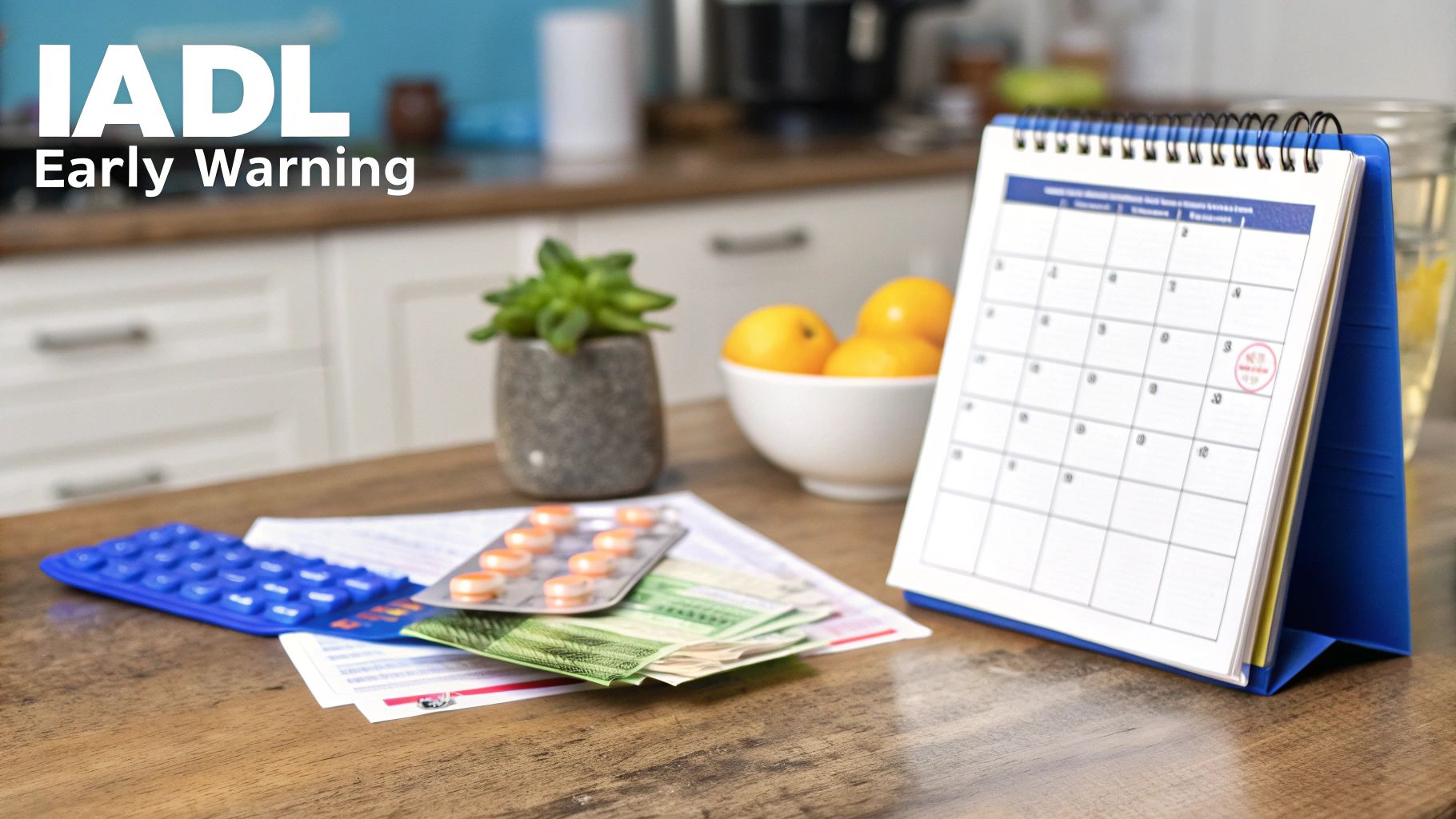 A desk with a calendar, money, pills, and a calculator, illustrating financial and health management.
