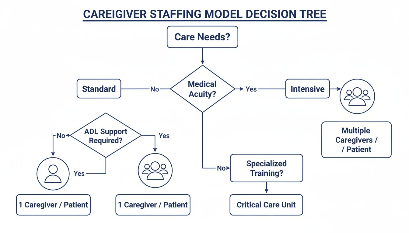 Decision tree illustrating caregiver staffing models based on patient care needs, medical acuity, ADL support, and training.