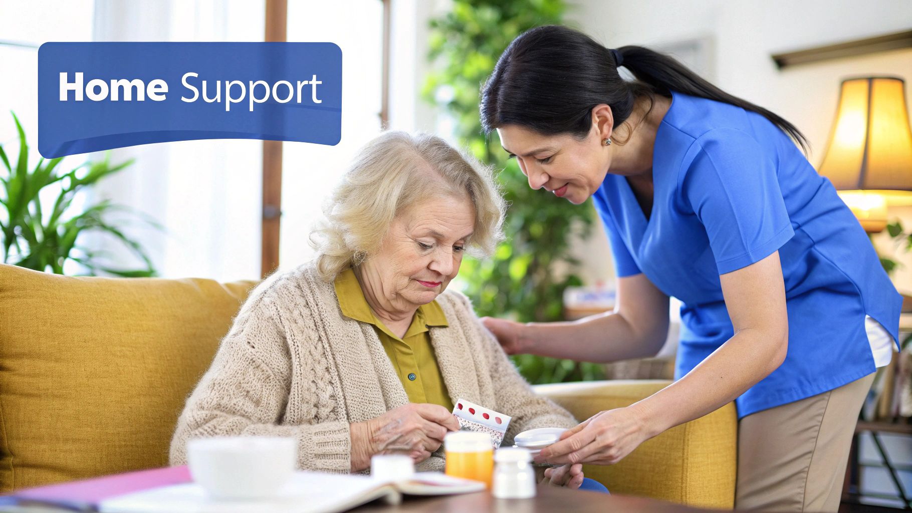 An occupational therapist helps a senior woman practice daily tasks in her kitchen.