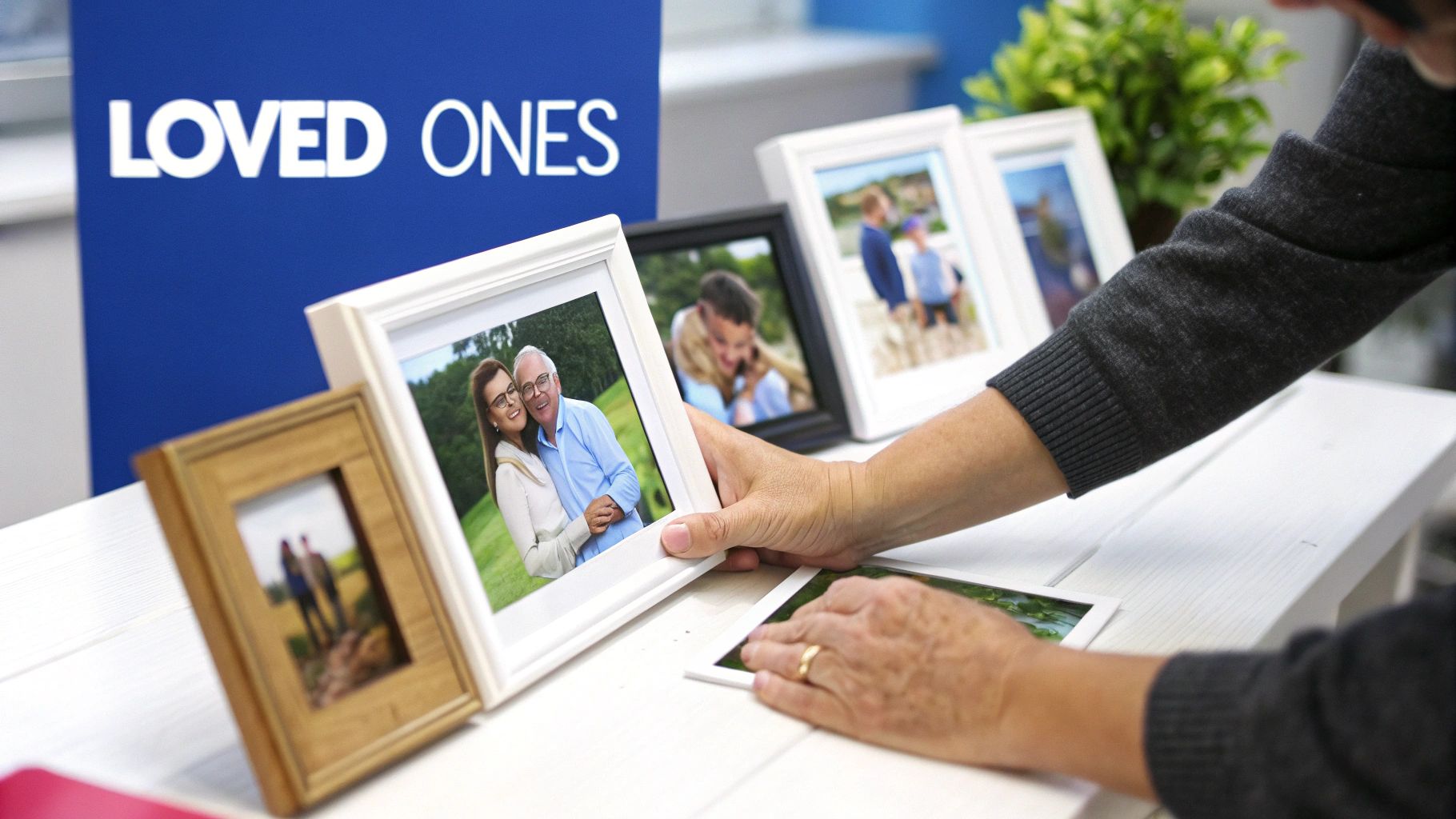 Close-up of hands arranging framed family photos on a table, with a blue "LOVED ONES" banner.