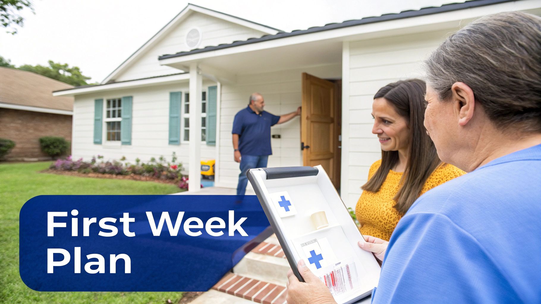 Couple reviewing first aid kit and care plan outside home with caregiver assistance