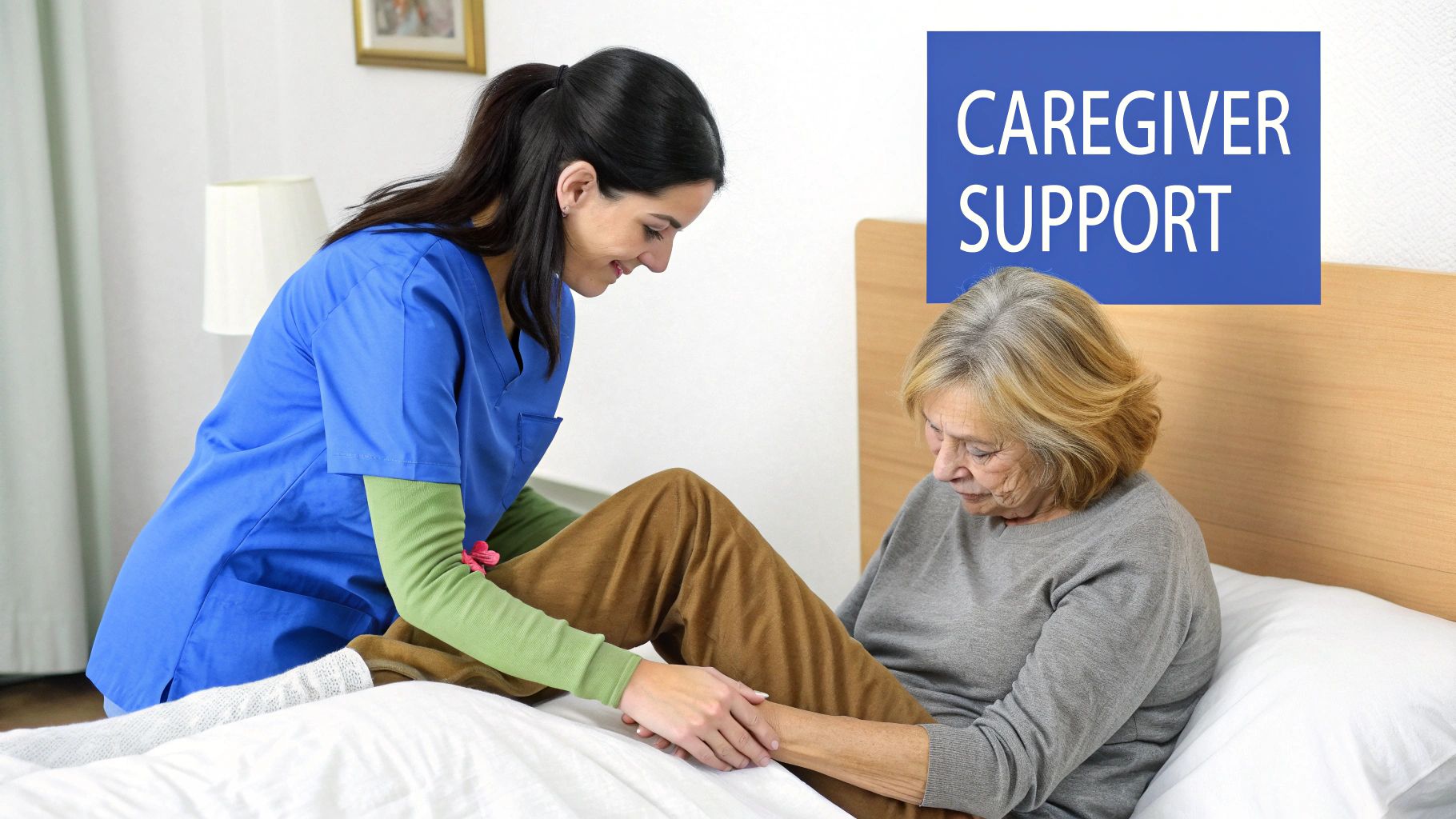 A kind caregiver helps an elderly woman perform leg exercises in bed, offering support.