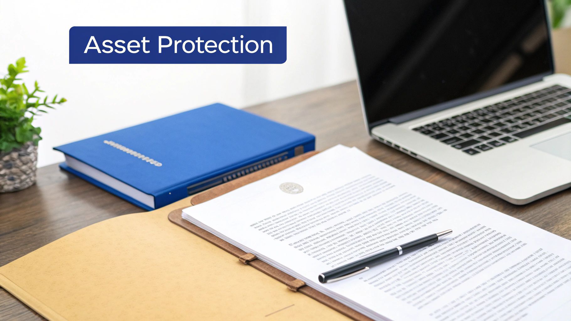 Desk with important documents, a pen, laptop, blue binder, and plant, titled 'Asset Protection'.