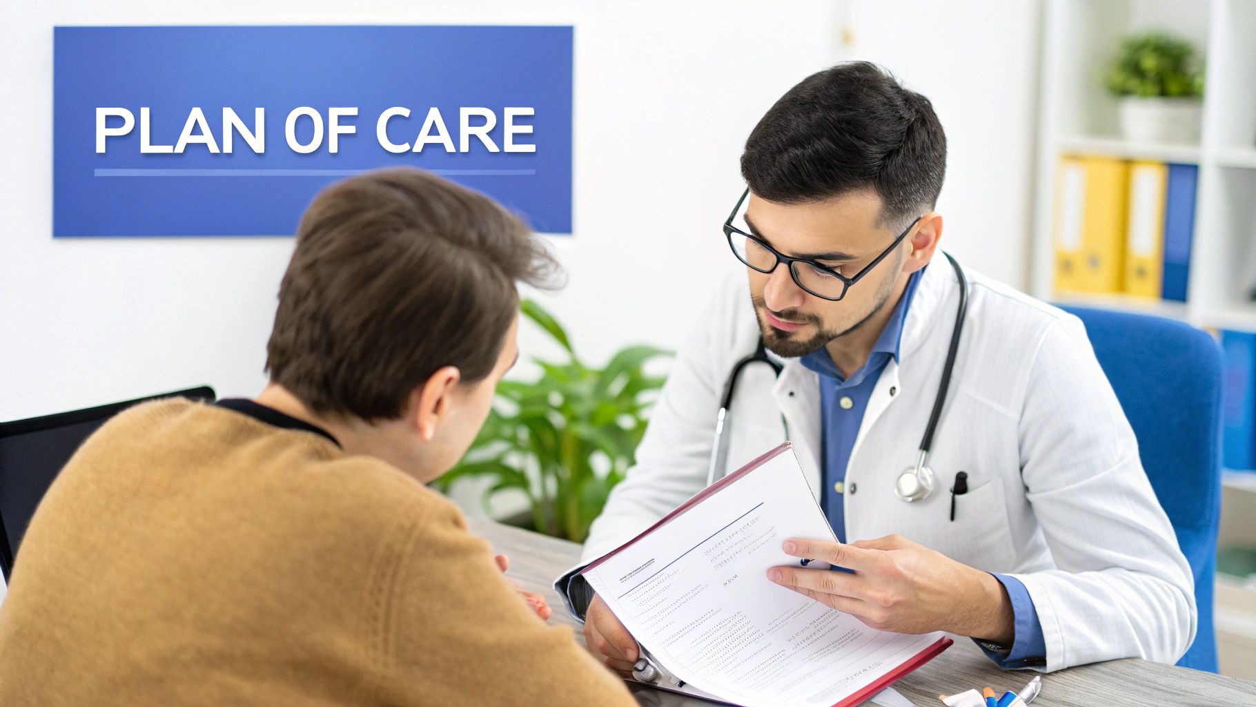 A doctor discussing a plan of care with a senior patient in a well-lit room.
