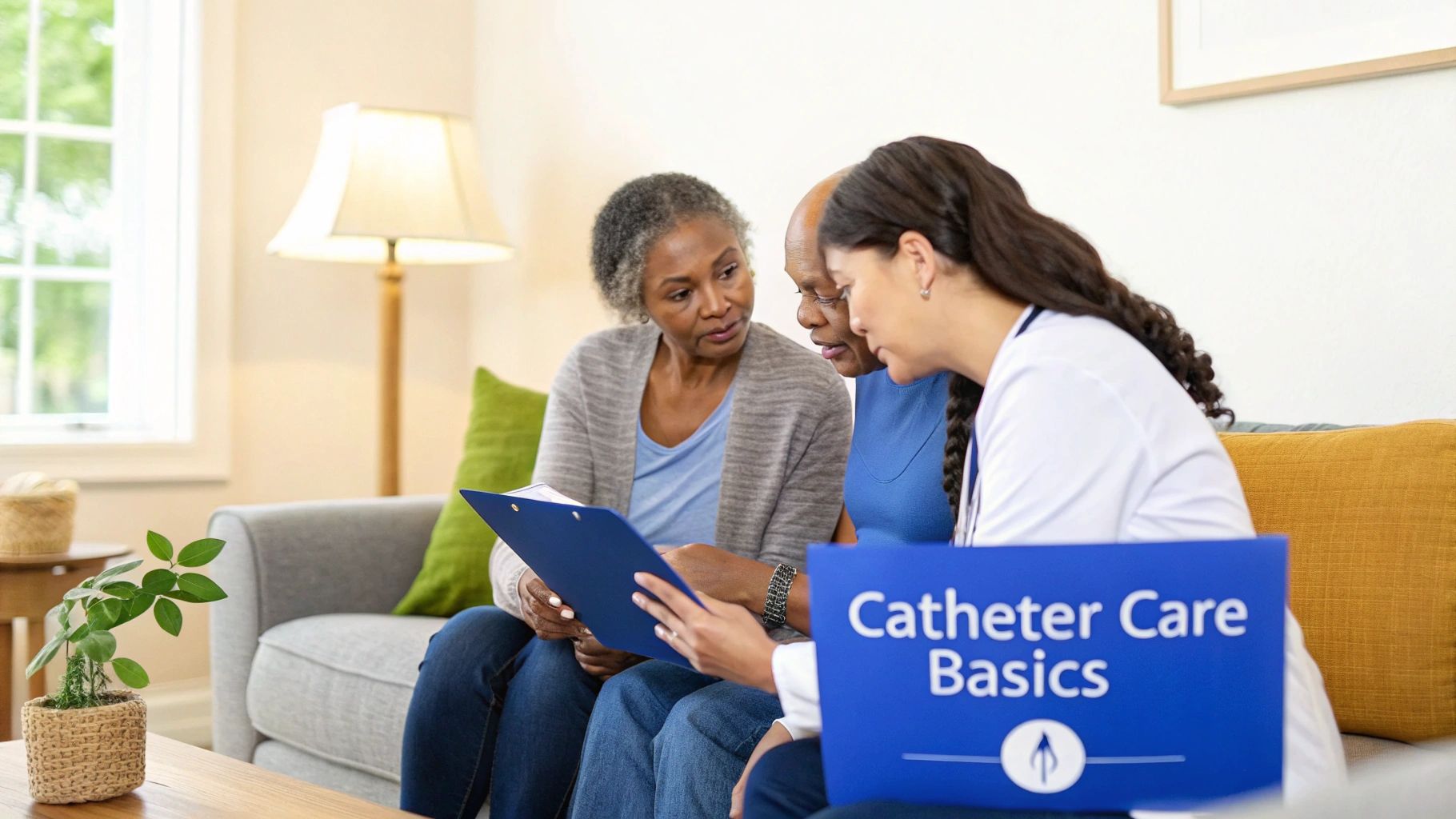 A healthcare provider explains catheter care basics to an attentive elderly couple at home.