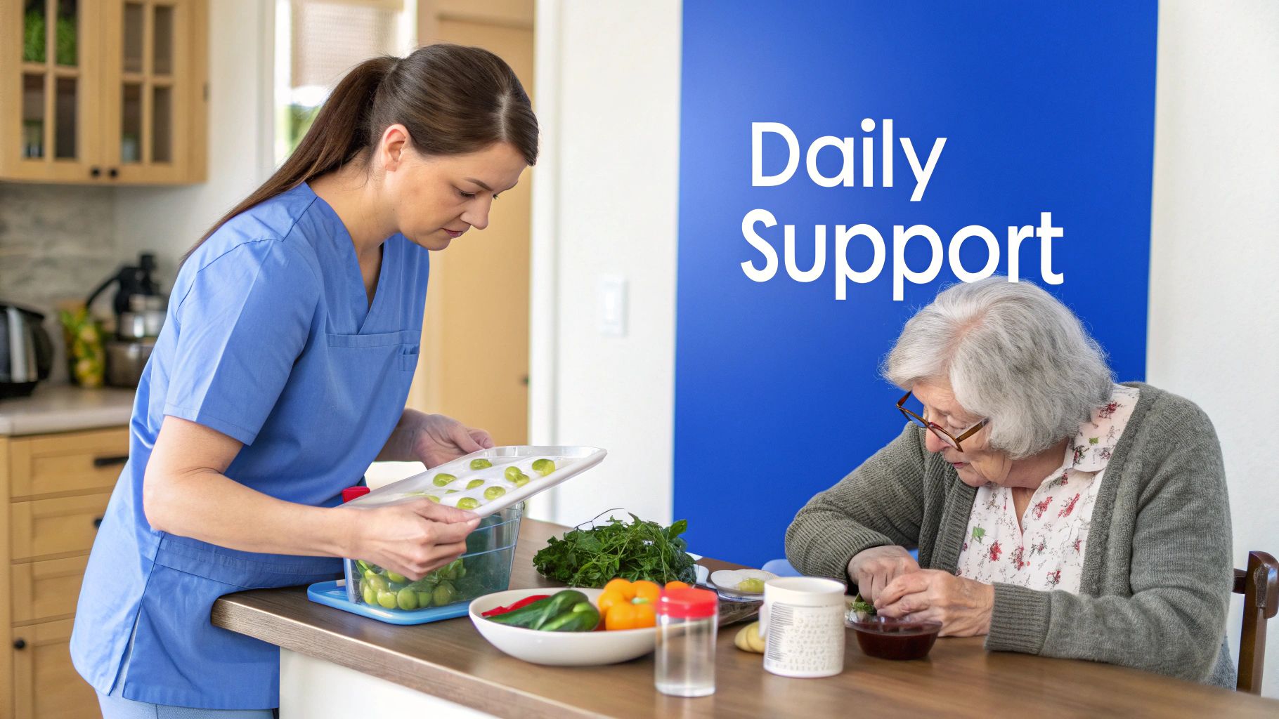 A caregiver helps an elderly woman prepare vegetables in a kitchen with a "Daily Support" banner.