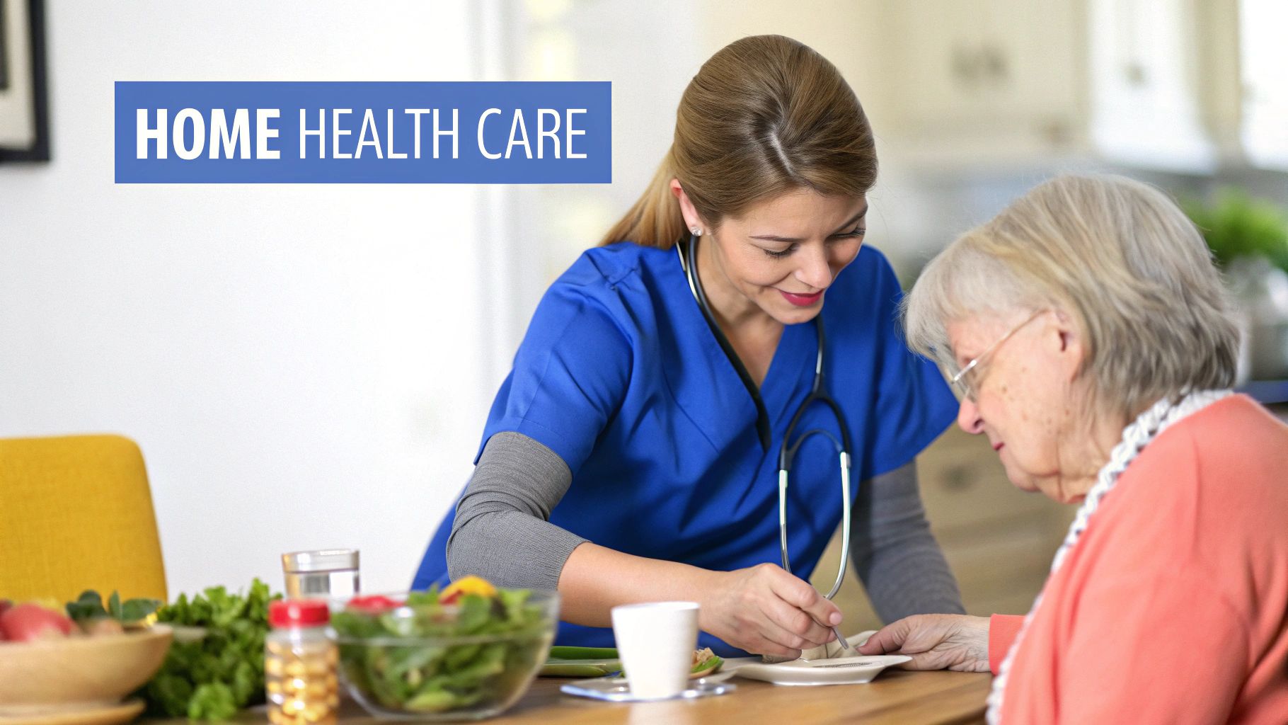 Home health care nurse in blue scrubs helping elderly woman with meal at home