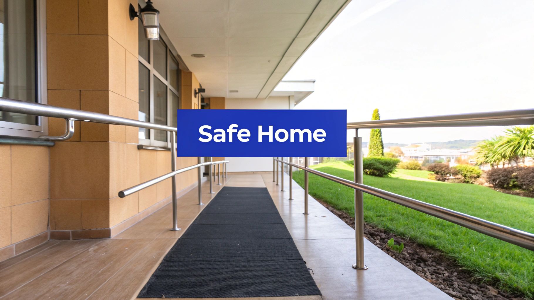 An accessible entrance ramp with handrails and a black mat, leading to a building, featuring a 'Safe Home' sign.